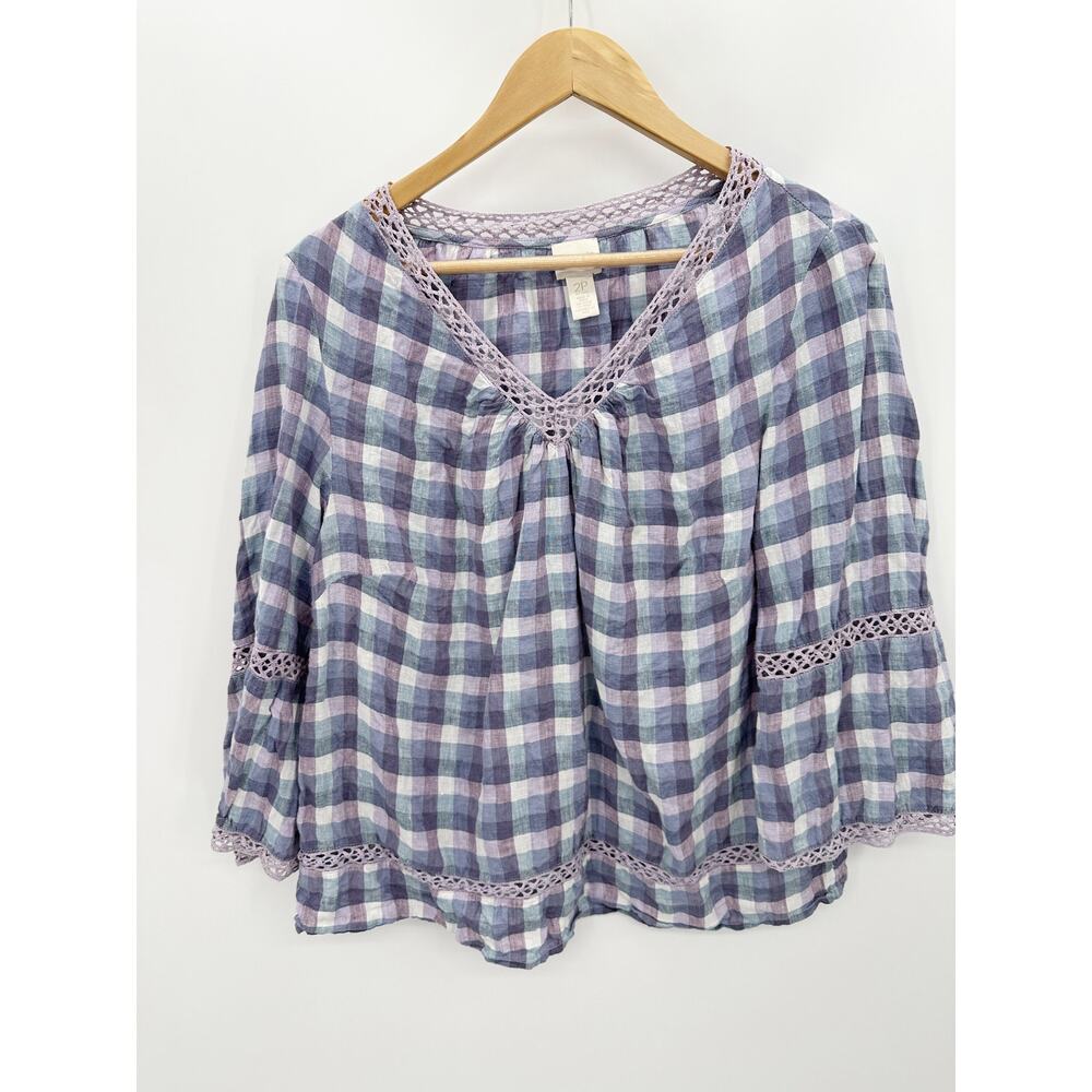Chico's Womens Top 12P Purple Plaid V-Neck Crochet 100% Linen Popover Peasant